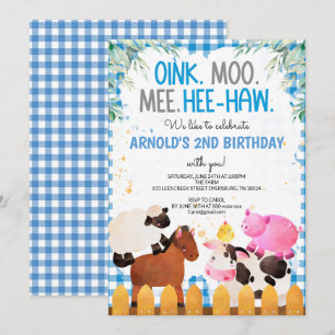 Blue Gingham Farm Animals Boy Birthday Barnyard Kaart