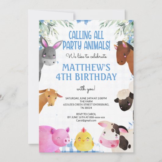 Blue Gingham Farm Animals Boy Birthday Barnyard Kaart (Voorkant)