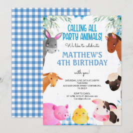 Blue Gingham Farm Animals Boy Birthday Barnyard Kaart