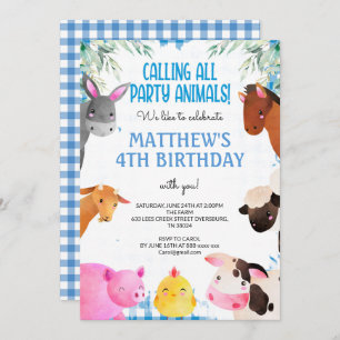 Blue Gingham Farm Animals Boy Birthday Barnyard Kaart