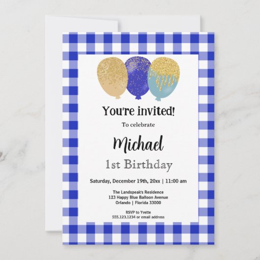 Blue Gingham, feestballonnen 1e verjaardag Kaart (Voorkant)