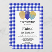 Blue Gingham, feestballonnen 1e verjaardag Kaart (Voorkant / Achterkant)