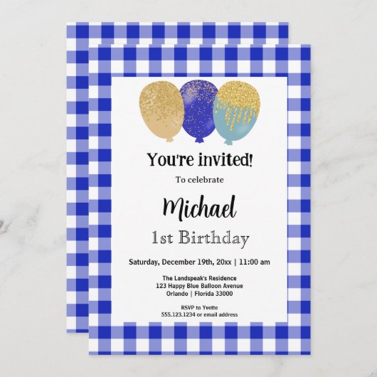 Blue Gingham, feestballonnen 1e verjaardag Kaart (Voorkant / Achterkant)