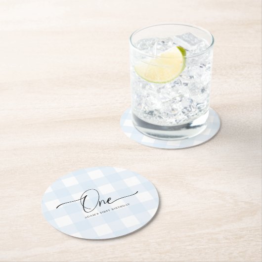 Blue Gingham First Birthday Drink Onderzetter (Insitu)
