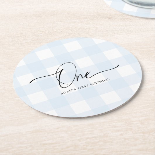 Blue Gingham First Birthday Drink Onderzetter (Gebogen)