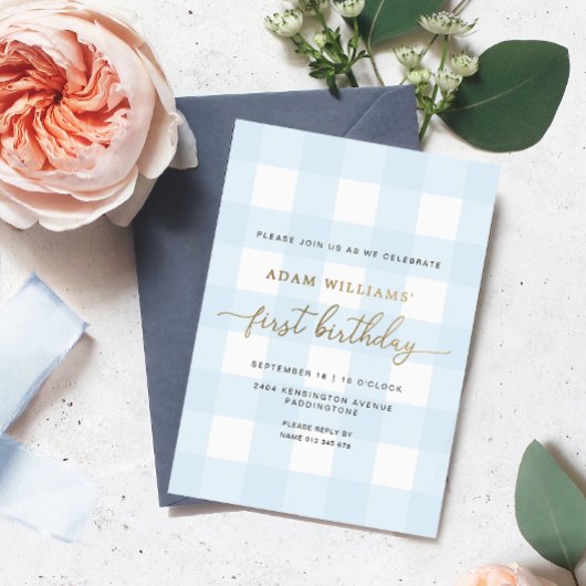 Blue Gingham First Birthday Gold Foil Invitation Folie Uitnodiging