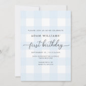 Blue Gingham First Birthday Invitation Kaart (Voorkant)