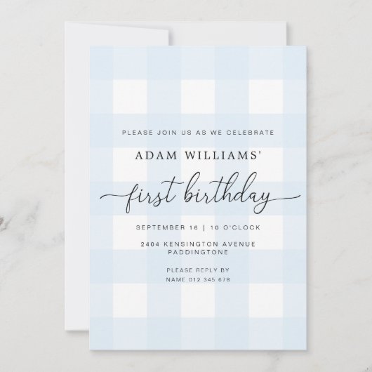 Blue Gingham First Birthday Invitation Kaart (Voorkant)
