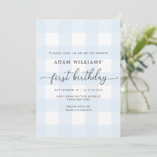 Blue Gingham First Birthday Invitation Kaart