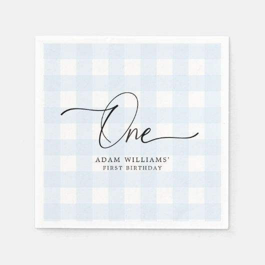 Blue Gingham First Birthday Paper Napkin Servet (Voorkant)