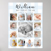 Blue Gingham First Birthday Photo Timeline Poster (Voorkant)