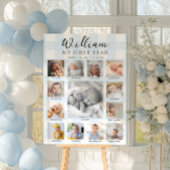 Blue Gingham First Birthday Photo Timeline Poster