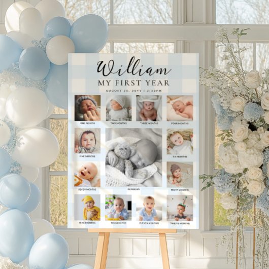 Blue Gingham First Birthday Photo Timeline Poster