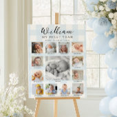 Blue Gingham First Birthday Photo Timeline Poster