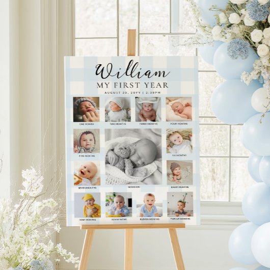 Blue Gingham First Birthday Photo Timeline Poster