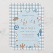 Blue Gingham First Rodeo Wild West Birthday Kaart (Voorkant / Achterkant)