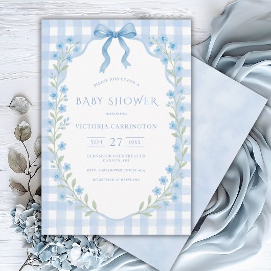 Blue Gingham Floral Baby shower Kaart