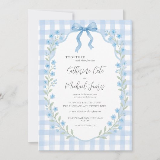 Blue Gingham Floral Budget Wedding Kaart (Voorkant)