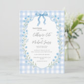 Blue Gingham  Floral Budget Wedding Kaart (Staand voorkant)