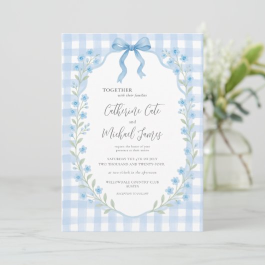 Blue Gingham  Floral Budget Wedding Kaart (Staand voorkant)