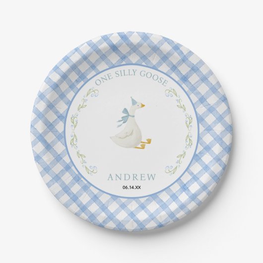 Blue Gingham Floral One Silly Goose 1st Birthday Papieren Bordje (Voorkant)