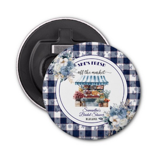 Blue Gingham Floral Vrijgezellenfeest voordeel Button Flesopener (Voorkant)