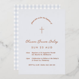 Blue Gingham Folie Baptism Christening Uitnodiging