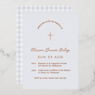 Blue Gingham Folie Baptism Christening Uitnodiging