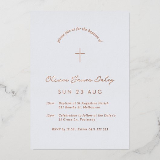 Blue Gingham Folie Baptism Christening Uitnodiging (Voorkant)