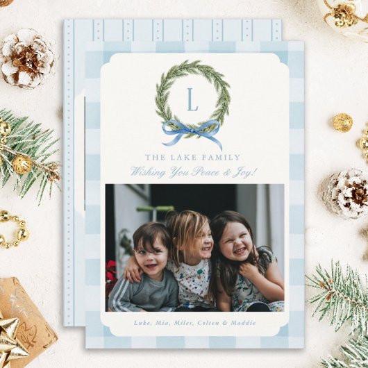 Blue Gingham Foto Kerst Kaarten Monogram Krans