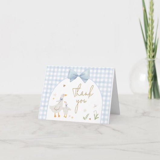 Blue Gingham Gekke Goose Baby shower Bedankkaart (Voorkant)