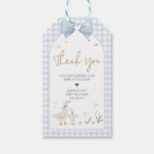 Blue Gingham Gekke Goose Baby shower Favorietentje Cadeaulabel (Voorkant)
