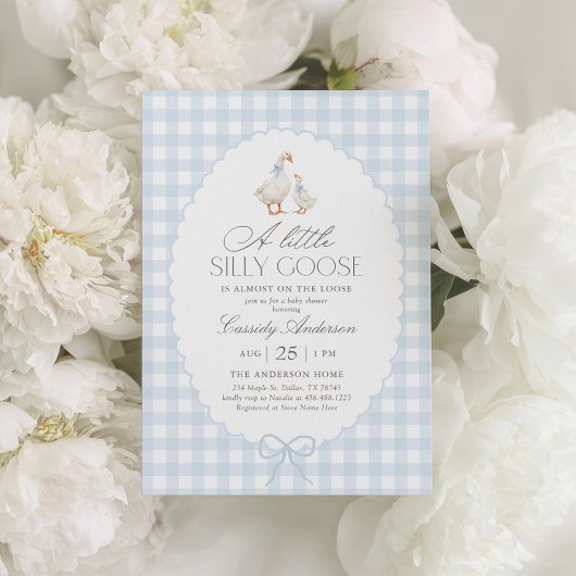 Blue Gingham Gekke Goose Baby shower Kaart