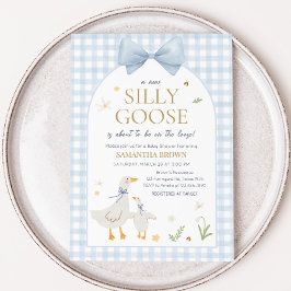Blue Gingham Gekke Goose Baby shower Kaart