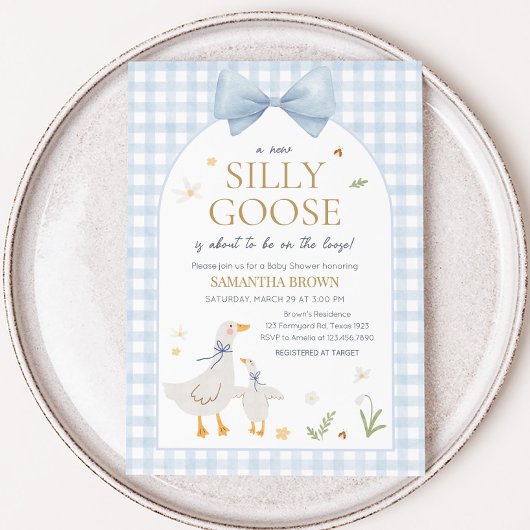 Blue Gingham Gekke Goose Baby shower Kaart