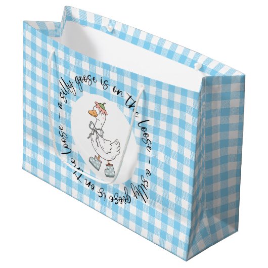 Blue Gingham Gekke Goose Groot Cadeauzakje (Voorkant Gekanteld)