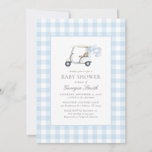 Blue Gingham Golf Baby shower Kaart (Voorkant)