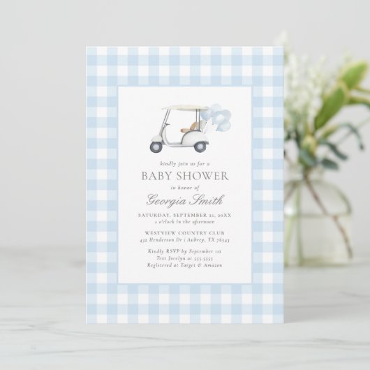 Blue Gingham Golf Baby shower Kaart (Staand voorkant)