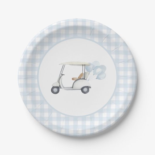 Blue Gingham Golf Baby shower Papieren Bordje (Voorkant)