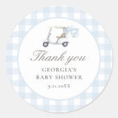 Blue Gingham Golf Baby shower Ronde Sticker (Voorkant)
