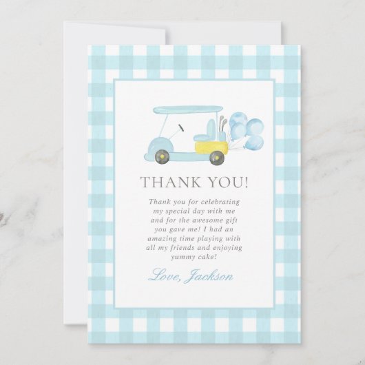 Blue Gingham Golf Boy 1e verjaardag Bedankkaart (Voorkant)