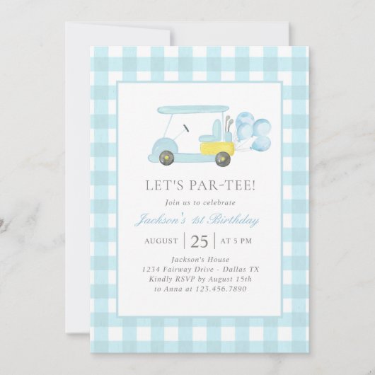 Blue Gingham Golf Boy 1e verjaardag Kaart (Voorkant)