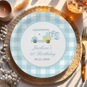 Blue Gingham Golf Boy 1e verjaardag Papieren Bordje