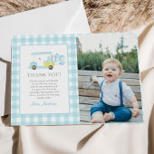 Blue Gingham Golf Boy 1st Birthday Foto Bedankkaart