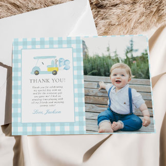 Blue Gingham Golf Boy 1st Birthday Foto Bedankkaart