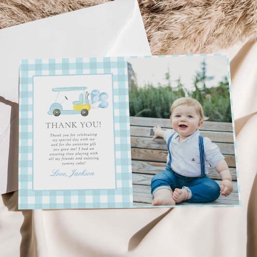Blue Gingham Golf Boy 1st Birthday Foto Bedankkaart