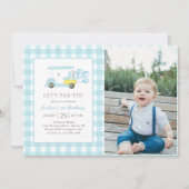 Blue Gingham Golf Boy 1st Birthday Foto Kaart (Voorkant)