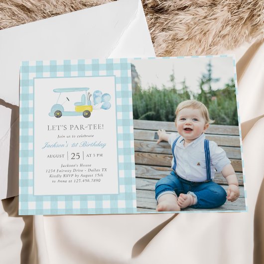 Blue Gingham Golf Boy 1st Birthday Foto Kaart