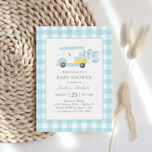 Blue Gingham Golf Boy Baby shower Kaart