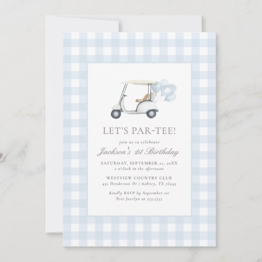Blue Gingham Golf Boy Verjaardag Kaart (Voorkant)